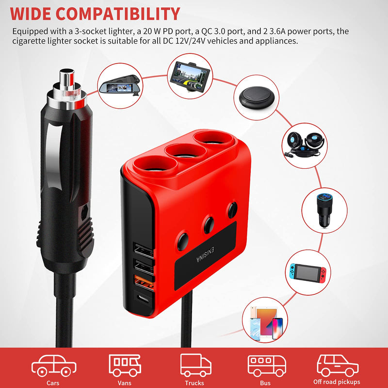 [Australia - AusPower] - Quick Charge 3.0 Cigarette Lighter Adapter, Cigarette Lighter Splitter & Extender with 120W 12V/24V 3-Socket - 20W PD Car Charger Splitter Adapter with Switch & Replaceable Fuse 