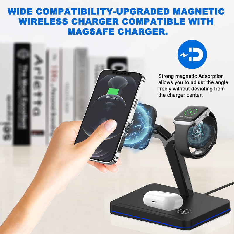 [Australia - AusPower] - Magnetic Wireless Charger, 3 in 1 Wireless Charging Stand for Apple Watch 6 SE 5 4 3 2, Airpods 2/Pro, iPhone 12/12 Pro/12 Pro Max/Mini (with QC 3.0 Adapter) 