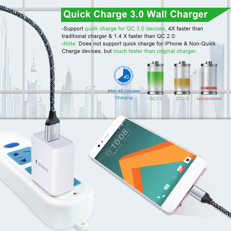 [Australia - AusPower] - 18W Quick Charge 3.0 Fast Charger for LG Stylo 6 5 4 Stylo 5+ V60 V50 V40 G8 G8X G8S G7 V35 ThinQ K51 K52 K61 K62 K92 V30 V20 G6 G5 Q7+,LG Velvet/Wing, 3A Rapid Wall Charger Plug+2PC 6FT USB C Cable White 