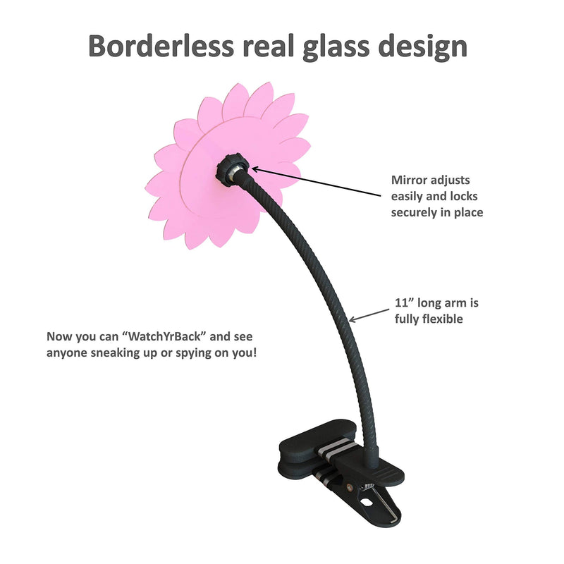 [Australia - AusPower] - Clip-On Convex Desk and Cubicle Mirror to See Behind You. Pink Flower Design. Wide Angle View Clear Reflection. Real Glass Mirror. Clip to Monitor and Anywhere up to 2" Thick 