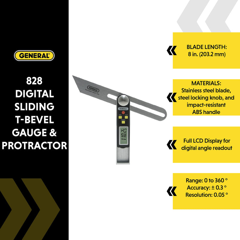 [Australia - AusPower] - General Tools T-Bevel Gauge & Protractor - Digital Angle Finder with Full LCD Display & 8" Stainless Steel Blade No Bubble Level 