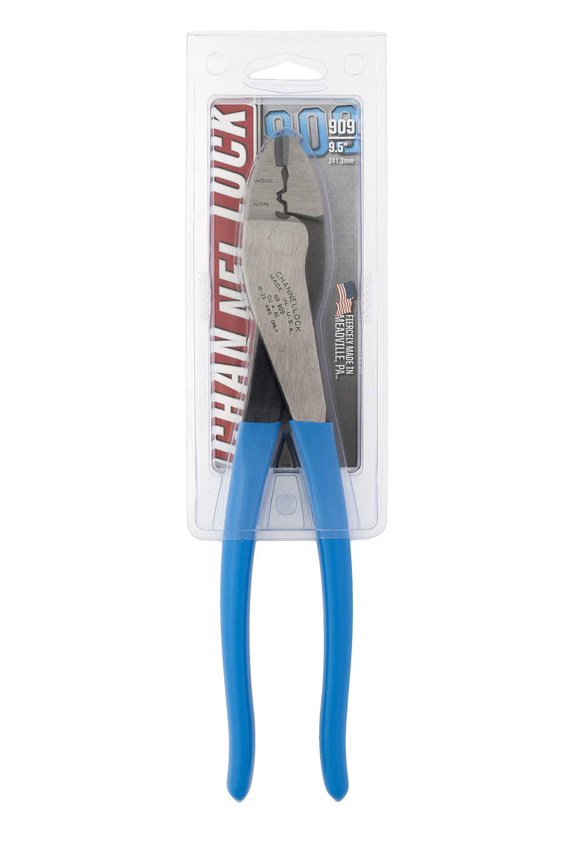 [Australia - AusPower] - Channellock 909 9.5-Inch Wire Crimping Tool | Electrician's Terminal Crimp Pliers with Cutter are Designed for Insulated and Non-Insulated Connections | Forged from High Carbon Steel | Laser Heat-Treated Edges Last Longer | Made in the USA 