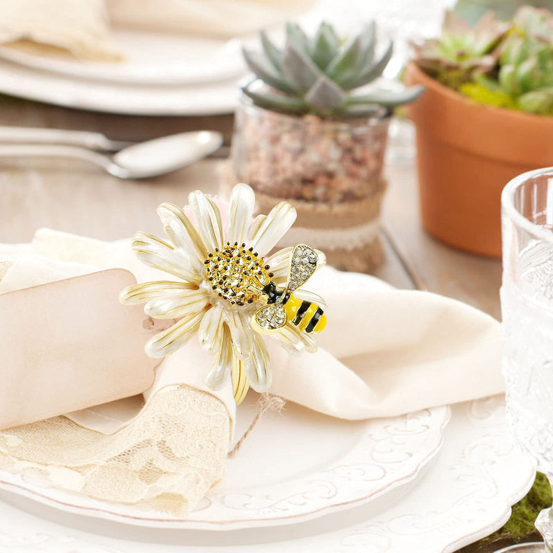 [Australia - AusPower] - Kesote Daisy Sunflower Napkin Rings Set of 6, Gold Bee Napkin Ring Holders for Formal or Casual Dinning Table Decor Cream 