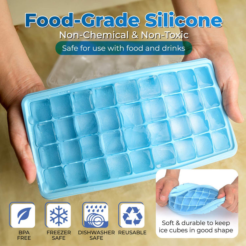 [Australia - AusPower] - Ice Cube Tray With Lid and Bin - Large Silicone Ice Tray For Freezer | Comes with Ice Container, Scoop and Cover| BPA Free| Space Saving Ice Cube Molds | Perfect for Cocktails, Waterbottles or Whisky! 36- Medium Ice Cubes Blue 