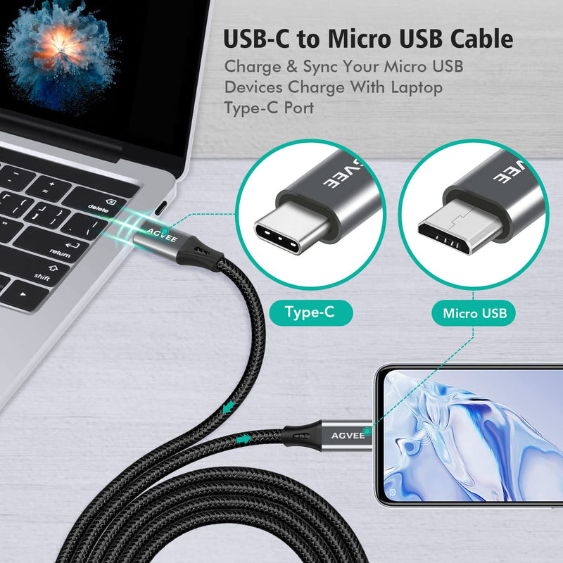 [Australia - AusPower] - AGVEE [2 Pack 1ft] USB-C OTG to Micro USB Cable, Braided Charger Data Sync Cord Charging Wire Adapter for Samsung Galaxy S7 S6, J7, J3, LG, PS4, Kindle, PS4 Xbox Controller, Android Phone, Dark Gray 