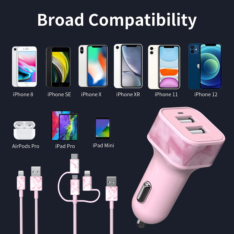 [Australia - AusPower] - iFory USB Car Charger,36W Dual USB Fast Charger Quick Charge 3.0 3A/36W ABS Car Charger Adapter Designed for 3ft iOS Charging Cable and 6ft 3in1 iPhone Data Cable (L-Pink) L-Pink 