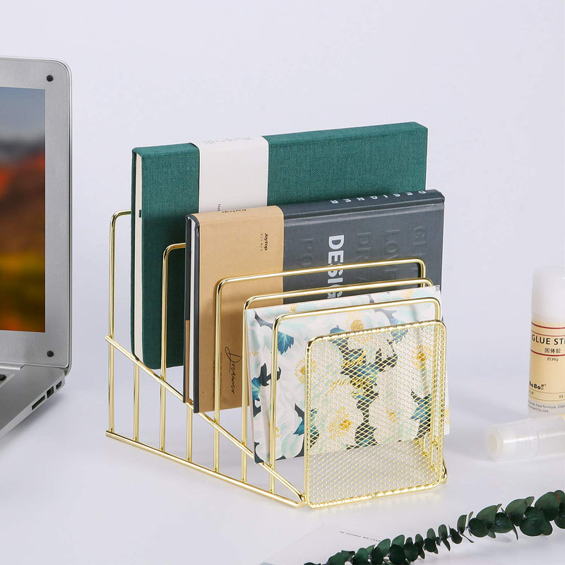 [Australia - AusPower] - Simmer Stone Incline File Sorter, 7 Slot Magazine Holder for Letter, Document, Folder and Book, Metal Desktop Organizer Rack for Home, School and Office, Gold 
