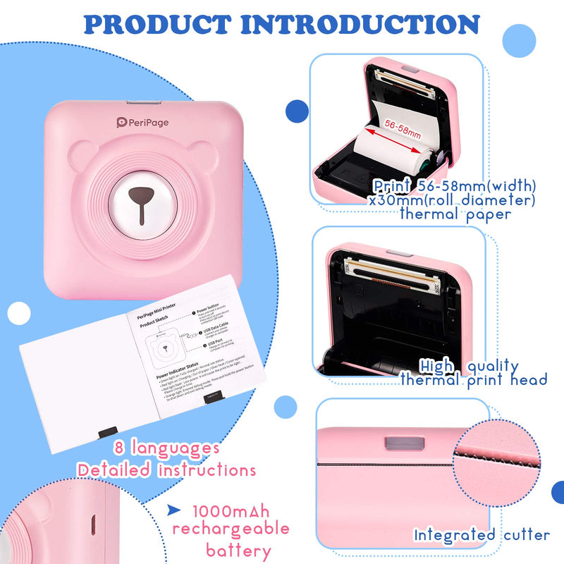 [Australia - AusPower] - PeriPage Mini Printer Portable Printer Pocket Printer A6 Portable Thermal Printer Label Sticky Note Sticker Photo Printer for Smart Phone with Bluetooth USB Connect and 6 Rolls Thermal Paper (Pink) Pink 