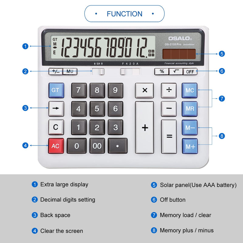[Australia - AusPower] - Desktop Calculator Extra Large LCD Display 12-Digit Big Number Accounting Calculator with Giant Response Button, Battery & Solar Powered, Perfect for Office Business Home Daily Use(OS-2135) OS-2135 Pro 