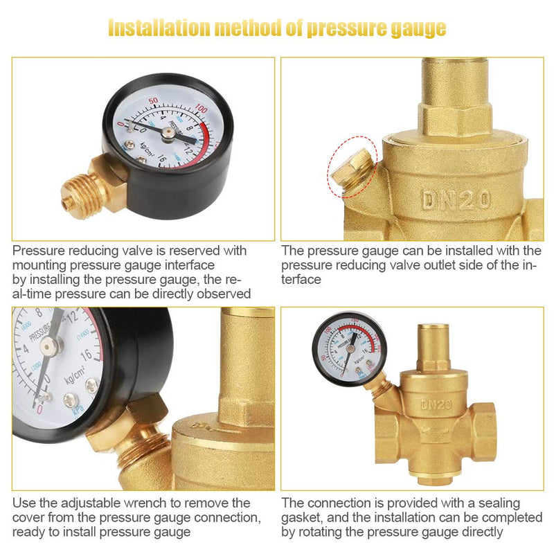 [Australia - AusPower] - Water Pressure Regulating Valve, DN20 G3/4inch Brass Water Pressure Reducing Valve 3/4 Adjustable Pressure Reducing Valve 1/2 Inch Thread Water Pressure Regulator with Gauge Meter 1.6MPa 