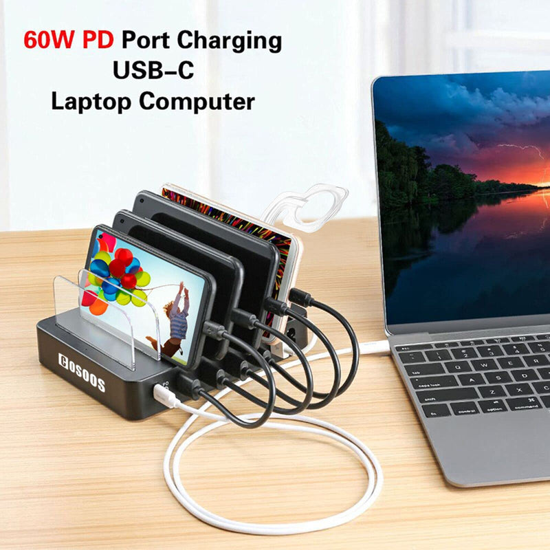 [Australia - AusPower] - 105W Charging Station for USB-C Laptop,MacBook Pro/Air,Samsung,Multiple Devices,COSOOS 6-Port USB Charger Station with Power Delivery USB-C, 7 Mixed USB Cable Black 
