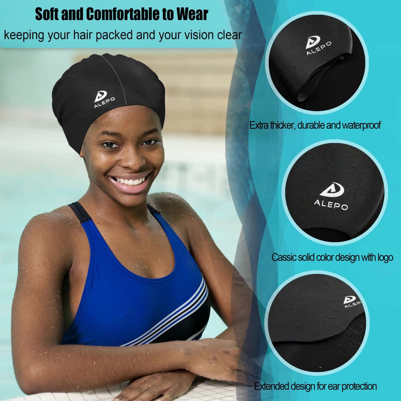 [Australia - AusPower] - Alepo Extra Large Swim Cap for Women Men, Durable Silicone Swimming Hat with Ear Protection, Unisex Adults Bath Swimming Caps for Long Thick Curly Hair & Dreadlocks Braids Weaves Afro Hair 