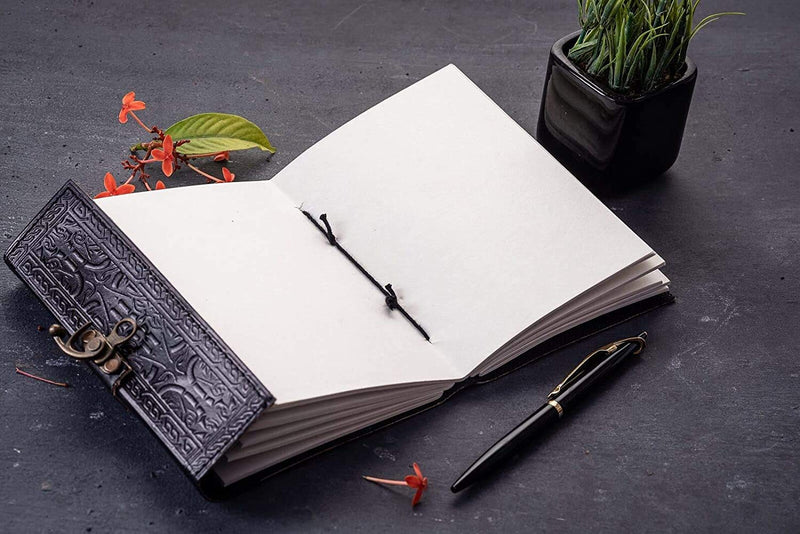 [Australia - AusPower] - Leather Journal Black Pentagram Embossed - Lapiz Gemstone Studded Handmade Journal - Art Sketchbook Scrapbook Drawing Writing Notebook, 5x7 inches Unlined 