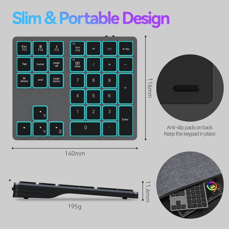 [Australia - AusPower] - Doohoeek Backlit Bluetooth Numeric Keypad for Laptops and Computers, Number Pads 34 Keys with 7-Color Backlight for MacBook & Windows, Gray Space Grey 