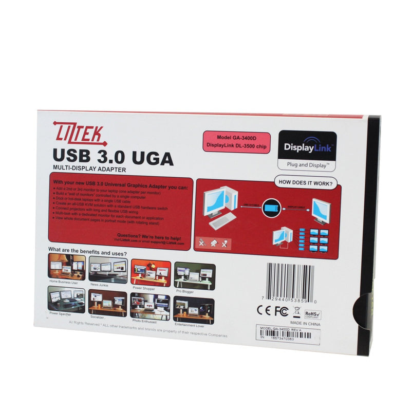 [Australia - AusPower] - Liztek 3400D USB 3.0 to VGA/DVI/HDMI Video Graphics Adapter Card for Multiple Monitors up to 2048x1152 / 1920x1080 Each (DisplayLink DL-3500 Chipset - Windows XP, 7, 8, 8.1) 2048 DVI/VGA/HDMI 2048 x 1152 