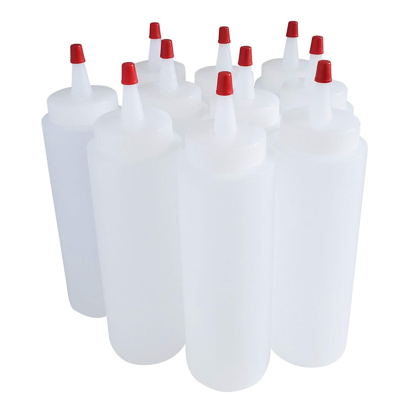 [Australia - AusPower] - kelkaa 8oz HDPE Plastic Squeeze Bottles with Wide Mouth Opening, Red Tip Yorker Caps with 0.030 Orifice for Condiments and Any Thick Liquids Products, Refillable Empty Bottles (Pack of 10) 