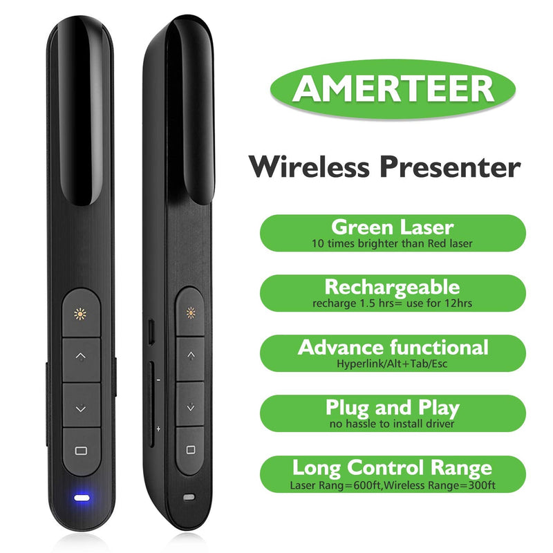 [Australia - AusPower] - AMERTEER Wireless Presenter, Green Light Rechargeable Presentation Remote Powerpoint Clicker with Laser Pointer PPT Slides Clicker Support Hyperlink RF 2.4GHz Green Laser 