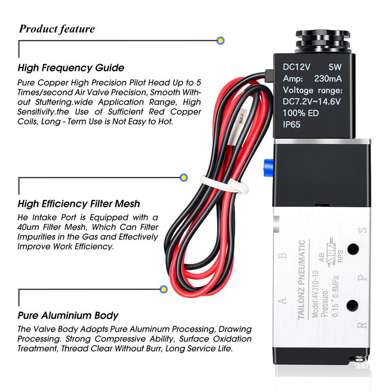 [Australia - AusPower] - TAILONZ PNEUMATIC 1/2"NPT Solenoid Valve 4V410-15 12V/24V/110V/220V Single Coil Pilot-Operated Electric 2 Position 5 Way Connection Type DC12V 