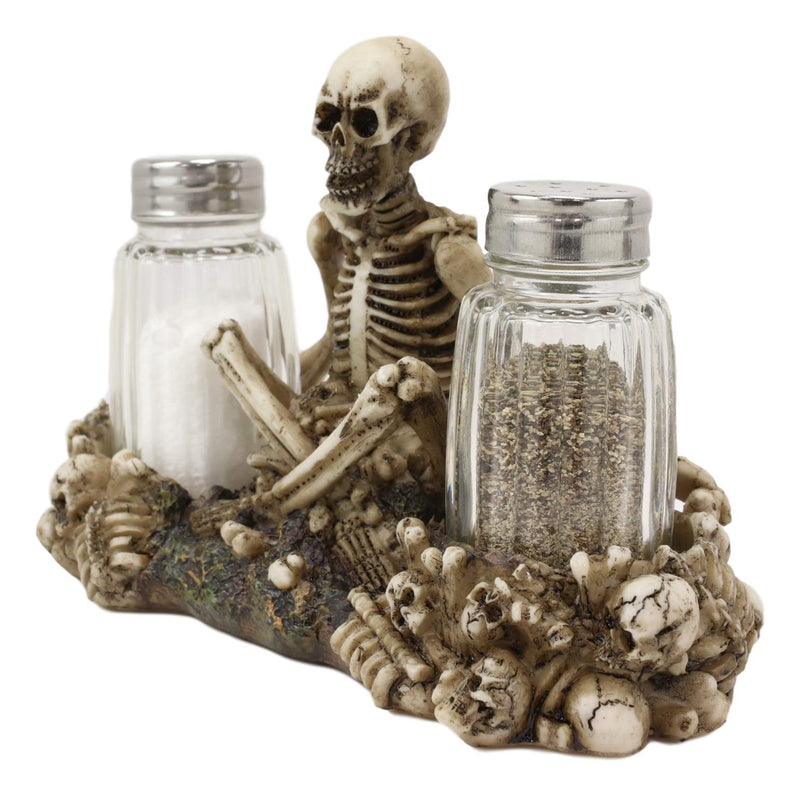[Australia - AusPower] - Ebros Gothic Day Of The Dead Graveyard Garnish Meditating Skeleton Seated On Graveyard Of Bones And Skulls Salt & Pepper Shakers Holder Figurine Set 6.5" Wide Fantasy Kitchen Decor Statue 