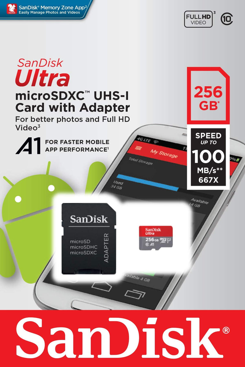 [Australia - AusPower] - SanDisk 256GB Ultra microSDXC UHS-I Memory Card with Adapter - 100MB/s, C10, U1, Full HD, A1, Micro SD Card - SDSQUAR-256G-GN6MA 