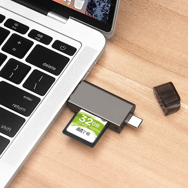 [Australia - AusPower] - SD/Micro SD Memory Card Reader, BorlterClamp 3 in 1 Memory Card Reader with USB C Micro-USB OTG Adapter Compatible with PC, Laptop, MacBook, Smartphone (Dark Gray) 