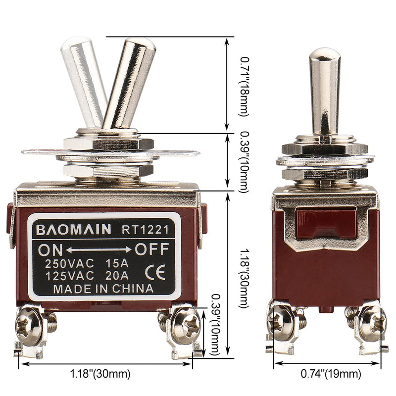 [Australia - AusPower] - Baomain Toggle Switch DPST ON/Off 2 Position 250VAC 15A 125VAC 20A 1/2" mounting Hole Screw Terminal 