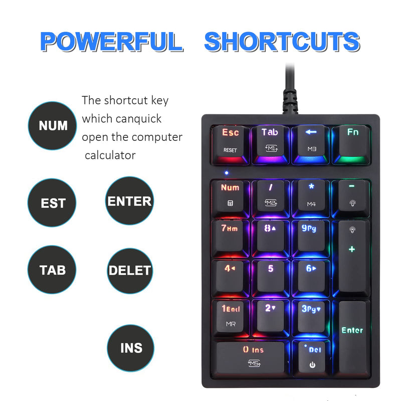 [Australia - AusPower] - Motospeed Macro Mechanical Numeric Keypad USB Wired 21 Keys Mini Numpad Portable Keypad RGB Backlight Gaming Keypad Extended Layout for Cashier(Fully Programmable Keys) Blue Switch 