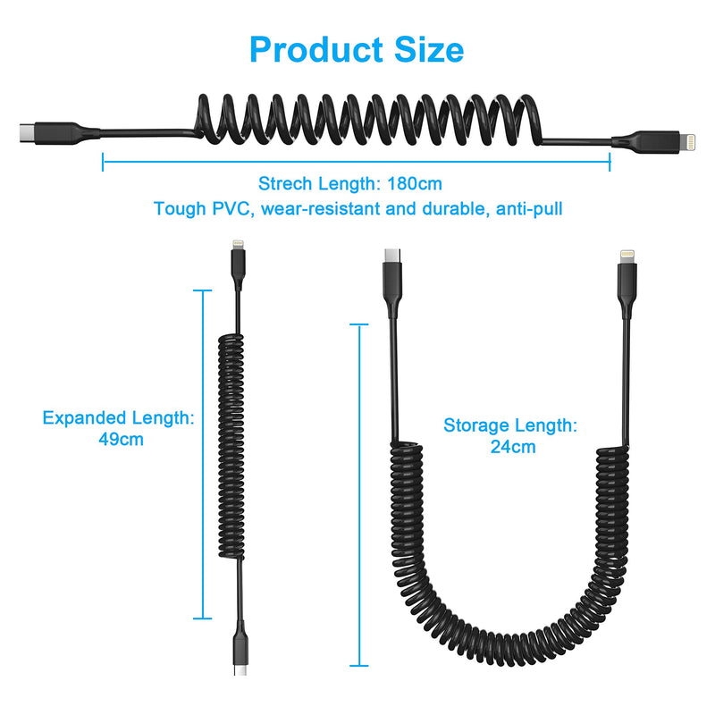 [Australia - AusPower] - Coiled USB C to Lightning Cable, MFi Certified iPhone Charger Cord USB C to Lightning, Type C to Lightning Cable, Retractable iPhone Charging Cable for iPhone 13/12/11 Pro/X/Xs Max/XR/8 Plus/7/6/6s/SE 