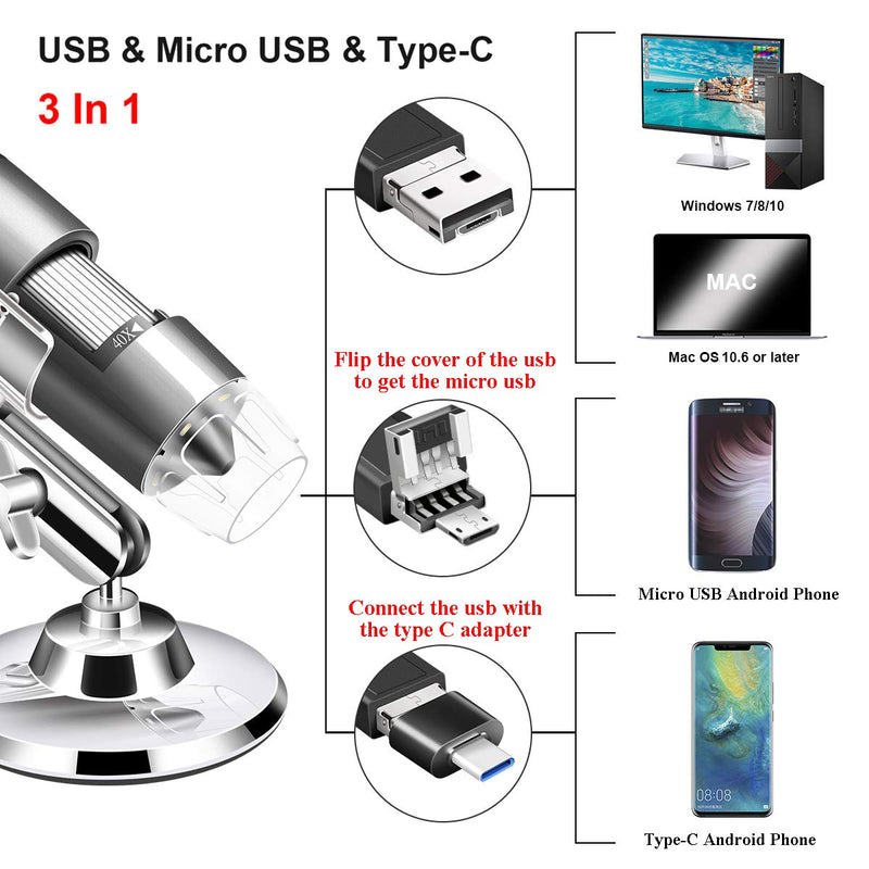 [Australia - AusPower] - USB Microscope Camera 40X to 1000X, Cainda Digital Microscope with Metal Stand & Carrying Case Compatible with Android Windows 7 8 10 Linux Mac, Portable Microscope Camera (USB Microscope) 