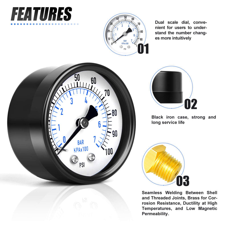 [Australia - AusPower] - MEANLIN MEASURE 0-100Psi 2" DIAL FACE 1/4"NPT Well Pump Pressure Gauge with 1/2"NPT and 3/8"NPT Adaptor, 3-2-3% Accuracy，Center Back Mount 1/4"NPT Back Mount 