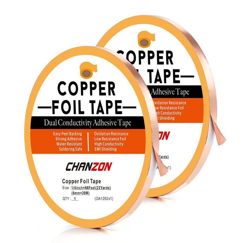 [Australia - AusPower] - Chanzon 2 Pack Copper Foil Tape 6mm 1/4 inch x 66ft Double Sided Conductive Adhesive for Stained Glass,Soldering,Electric,Crafts,Repair,Paper Circuits,EMI & RF Shielding,Grounding,Guitars 1) 1/4inch x 66ft x 2pack 
