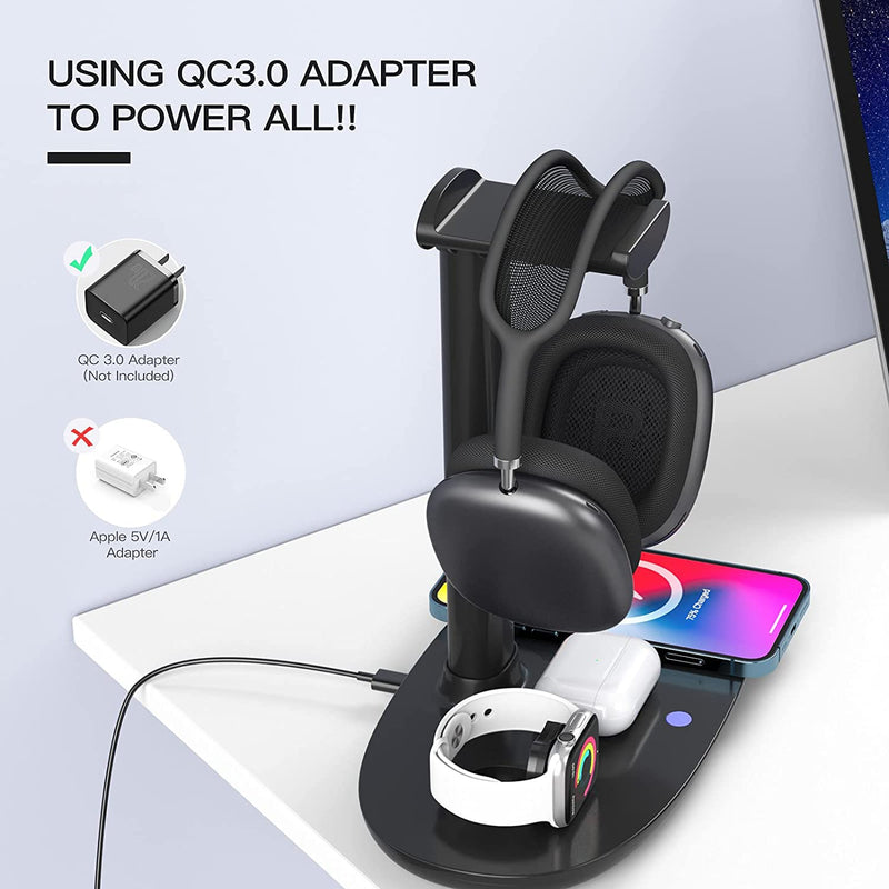 [Australia - AusPower] - Headphone Stand with 15w Wireless Charger, Suguder 4 in 1 Qi Charging Station Headset Holder for AirPods Max/Pro/2 iWatch 7/6/5/4/3/2/1/SE iPhone 13/12/11/XS/XR/X/8 Series for Desktop Table Game,Black Black 