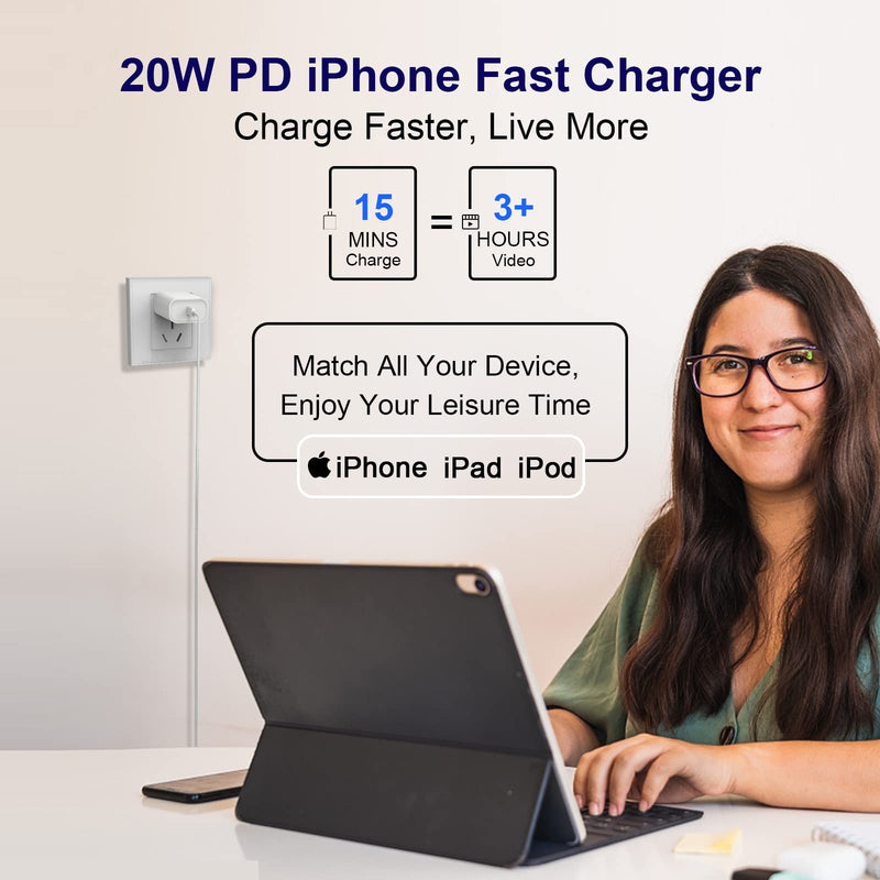 [Australia - AusPower] - iPhone Fast Charger, [Apple MFi Certified] FUHAYA 20W USB C Power Delivery Wall Charger Plug with 6.6FT Type C to Lightning Cable Compatible for iPhone 13/13 Pro/12/12 Pro/11/XS/XR/X/8, iPad, AirPods 