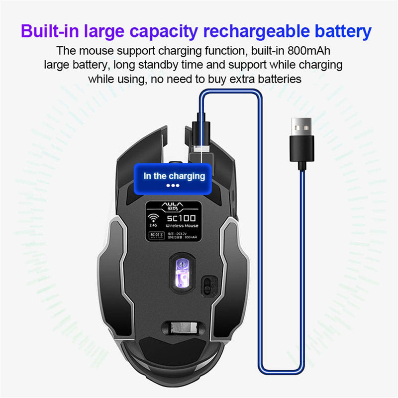 [Australia - AusPower] - AULA SC100 LED Gaming Mouse Wireless, with Side Buttons, USB Receiver, 2.4G Cordless Programmable Rechargeable Office/Games Computer Mice, Black 