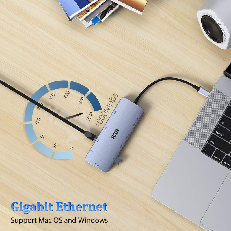 [Australia - AusPower] - USB C Hub ,Type C Hub ,ICZI 11 in 1 Adapter with Ethernet ,4K USB C to HDMI,VGA, 2 USB 3.0 2 USB 2.0, SD/TF Card Reader,Mic/Audio,USB C Pd 3.0, Compatible for Mac Pro and Other Type C Laptops 