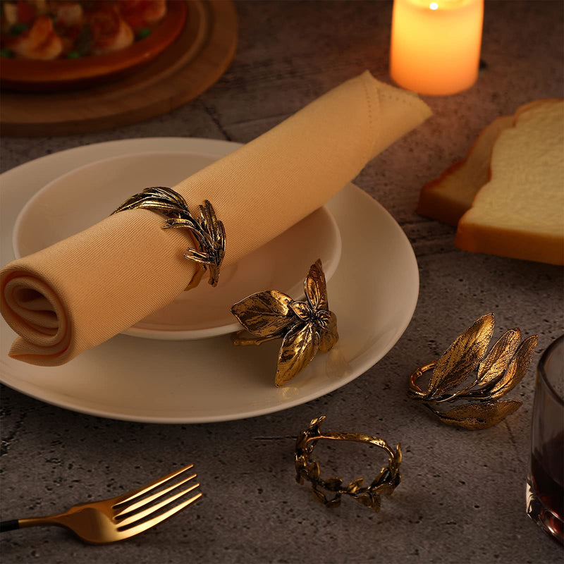 [Australia - AusPower] - 8 Pieces Herb Napkin Rings Vintage Leaf Napkin Holders Set Glossy Napkin Holder Adornment Metal Gold Table Napkin Rings Ideal for Thanksgiving Christmas Holidays Fall Wedding Party Decor Everyday Use 