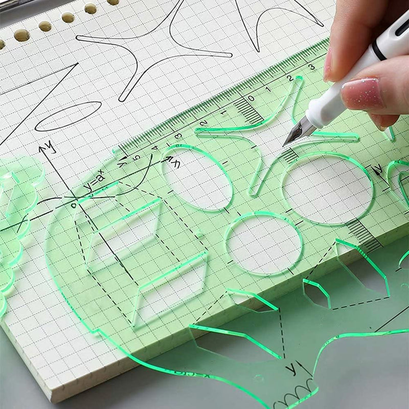 [Australia - AusPower] - 11 Pieces drawing Template Plastic rulers, geometric figure Stencils measuring ruler, transparent green plastic ruler, portable, Engineering drawing building school office supplies template 