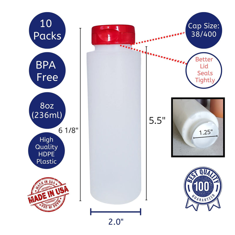 [Australia - AusPower] - kelkaa 8oz HDPE Plastic Squeeze Bottles with Wide Mouth Opening, Red Flip Top Caps for Condiments and Any Thick Liquid Products, Multi-Purpose Refillable Empty Bottles (Pack of 10) 