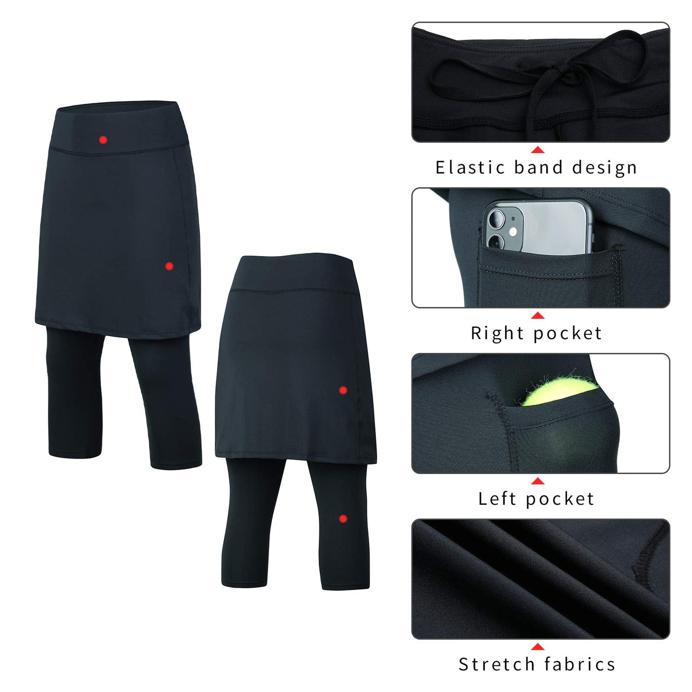 ANIVIVO Skirted Leggings for Women, Athletic Tennis Skirt Above Knee Length  with Leggings Active Skirt Capris Pockets All Black Medium