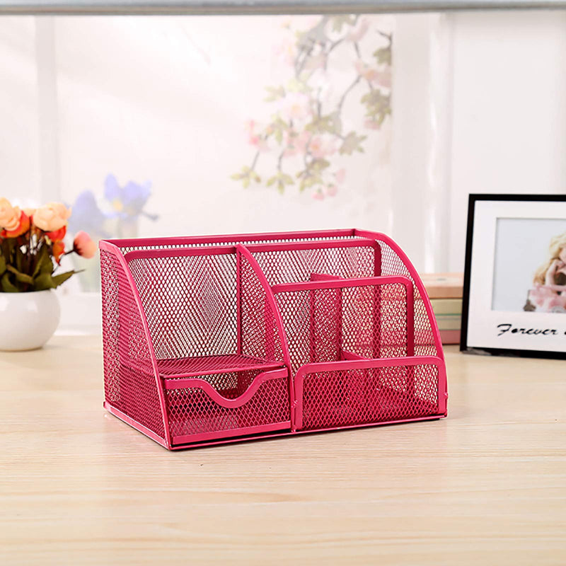 [Australia - AusPower] - VANRA Office Supply Caddy Mesh Desk Organizer School Supply Holder 6 Compartments with Drawer (Pink) Pink 