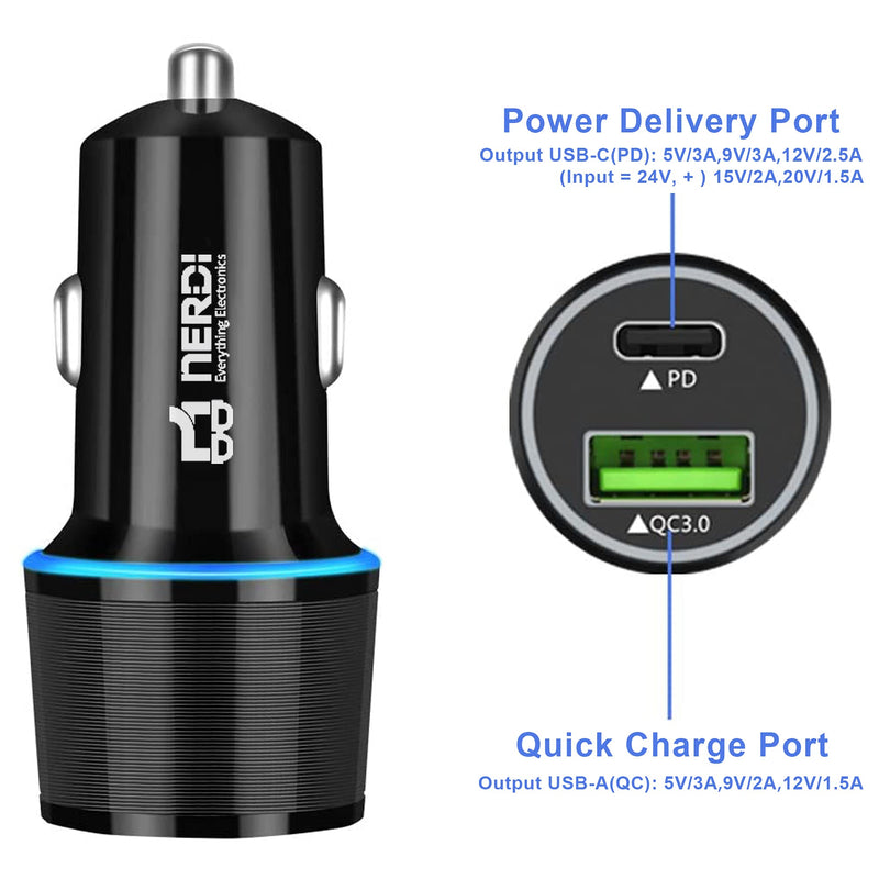 [Australia - AusPower] - Nerdi 48W Fast USB C Car Charger Adapter with Power Delivery and Quick Charge 3.0 Compatible with Apple Iphone13/12/11 Mini/XR/X/XS/Pro/ProMax, Ipad Pro/Samsung S21/10/10E/9/7/Plus/J7, Note8, LG, GPS 