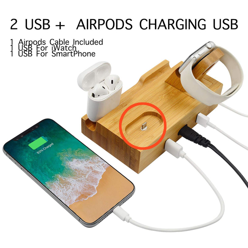 [Australia - AusPower] - WISION 3-Port Bamboo Charging Station Desk Dock Stock Cradle Holder Organizer, Charging Stand for Universal Multi Device, Compatible AirPods/Apple Watch/Cell Phone with Case 