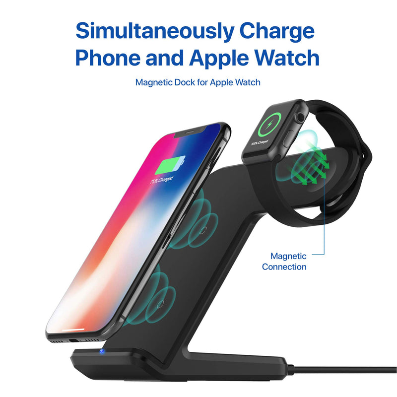 [Australia - AusPower] - OCOMMO Upgraded 2 in 1 Wireless Charger for Apple Watch 5,4,3,2,1, iPhone 11, 11 PRO, 11 MAX PRO, XS MAX, XR, XS, 8Plus, iPhone and Watch Charging Station (QC 3.0 Adapter Included), Black 