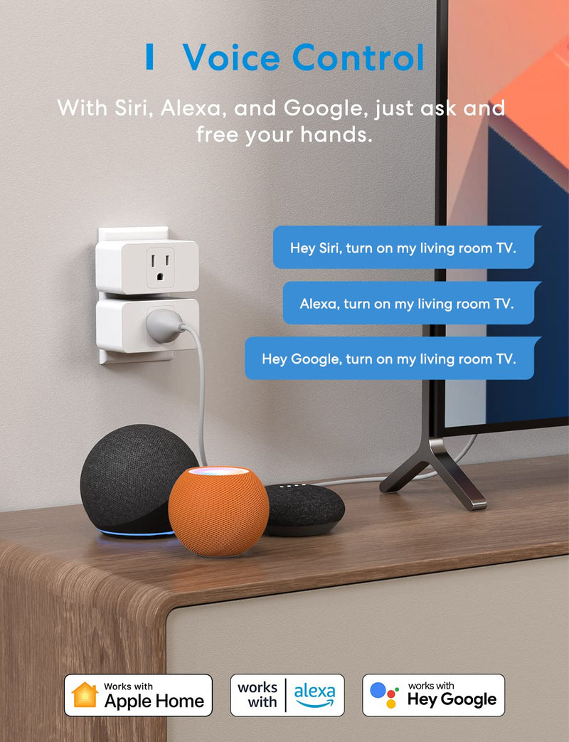 [Australia - AusPower] - Meross Smart Plug Mini, 15A & Reliable Wi-Fi, Support Apple HomeKit, Siri, Alexa, Echo, Google Assistant and Nest Hub, App Control, Timer, No Hub Needed, 2.4G WiFi Only, 4 Pack 