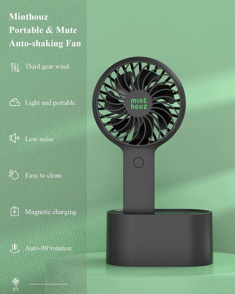 [Australia - AusPower] - Minthouz Handheld Fan, 90° Automatic Head Shaking Personal Fan with Rotating Base, 3 Speed Adjustable Portable Fan Rechargeable Desk Fan with 2000mAh Built-in Battery, Mini Fan for Office/Home/Outdoor Black 