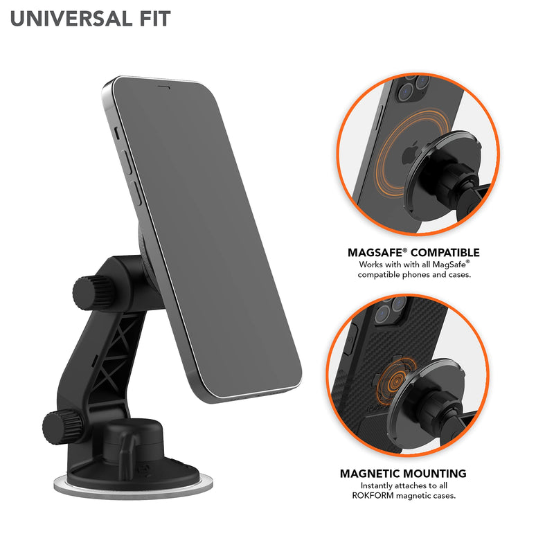[Australia - AusPower] - Rokform - Adjustable Magnetic Windshield Phone Mount, Compatible with All Rokform Cases and MagSafe Phones Cases, Secured by Strong Suction Cup Base, 210° of Tilt and 360° of Rotation (Black) 