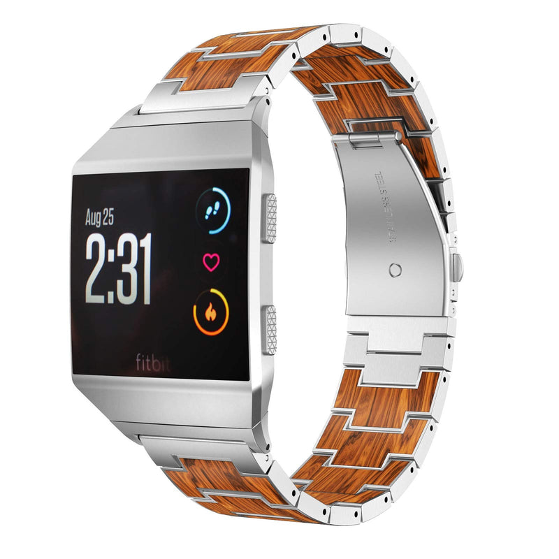 [Australia - AusPower] - AWMES Wood Band Compatible for Fitbit Ionic Band, Natural Wood Red Sandalwood Stainless Steel Metal Business Band Replacement Accessory Watch Strap for Fitbit Ionic Smartwatch (Silver) Silver 