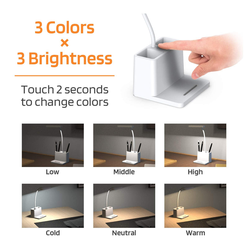 [Australia - AusPower] - LED Desk Lamp with Pen Holder, AXX Desk Light for Computer/Desktop - White, Rechargeable, Eye-Caring, Flexible Gooseneck - Bedside Table Lamp for Reading, Small Study Lamp for Kids, Home, Office, Dorm 