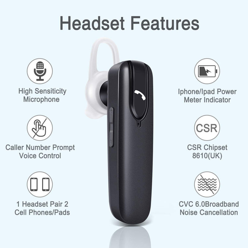 [Australia - AusPower] - Bluetooth Headset for Cell Phones,Voice Command Wireless Headset with Noise Cancelling,Hands Free Bluetooth Headphone Earbuds Fit for iPhone Android Samsung Laptop Truck Driver Light black 