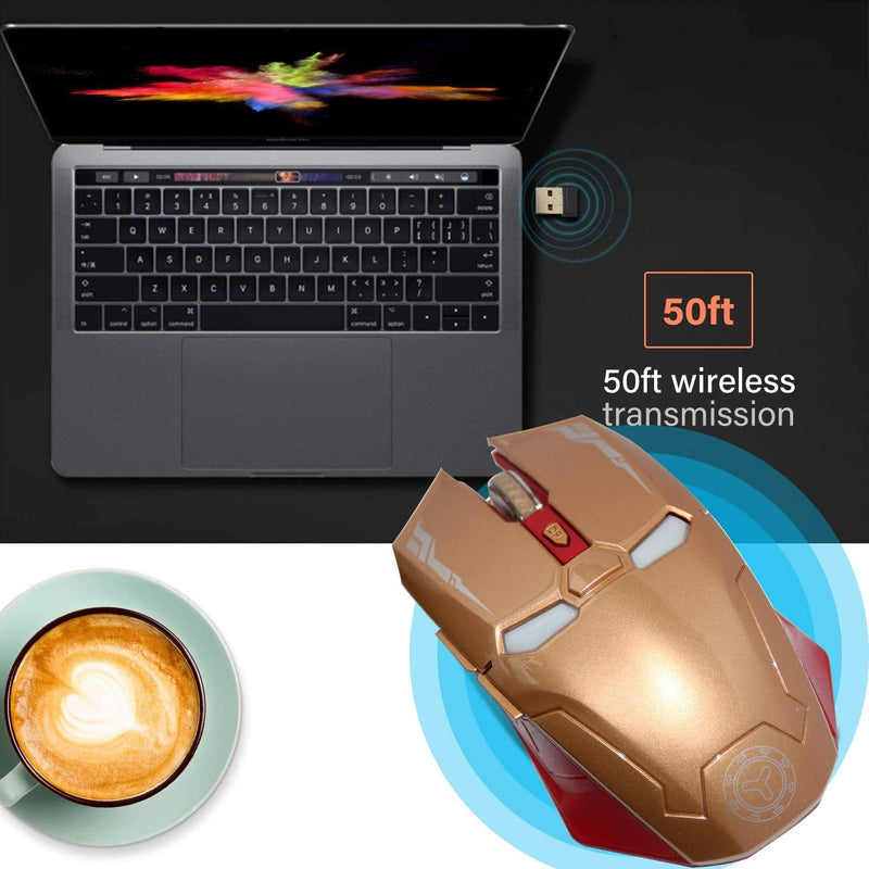 [Australia - AusPower] - Wireless Mouse 2.4G Portable Mobile Optical Iron Man Mouse with USB Nano Receiver, 3 Adjustable DPI Levels, 6 Buttons for Notebook, PC, Laptop, Computer, MacBook - Gold 